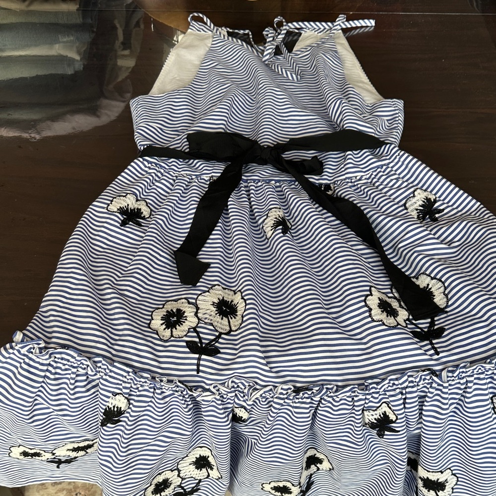 Eliza J Navy and White Striped Maxi Dress with Black Floral Details